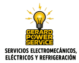 Logo with yellow light bulb and text: Gerard Power Service, servicios electromecánicos, eléctricos y refrigeración