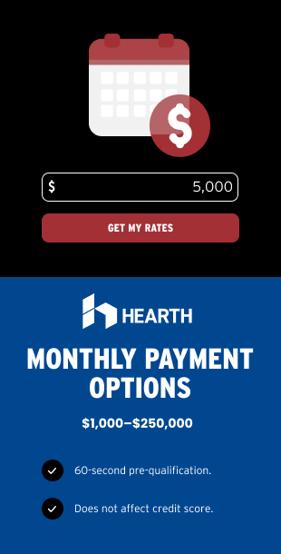 Advertisement for Hearth loans. Red and black design with a loan amount input field, a 