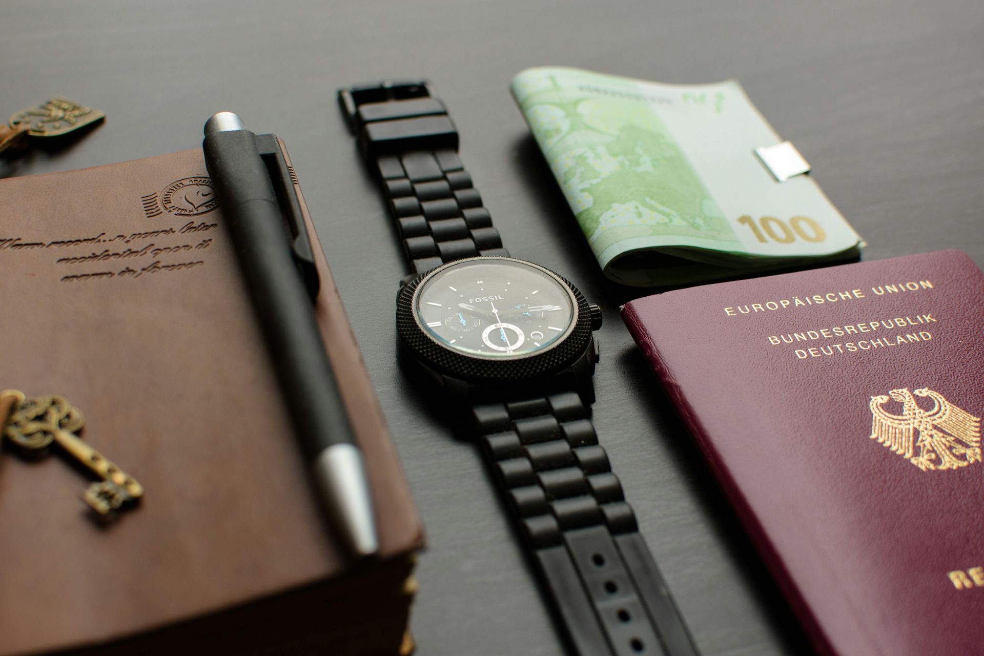 Watch, diary, passport and cash.