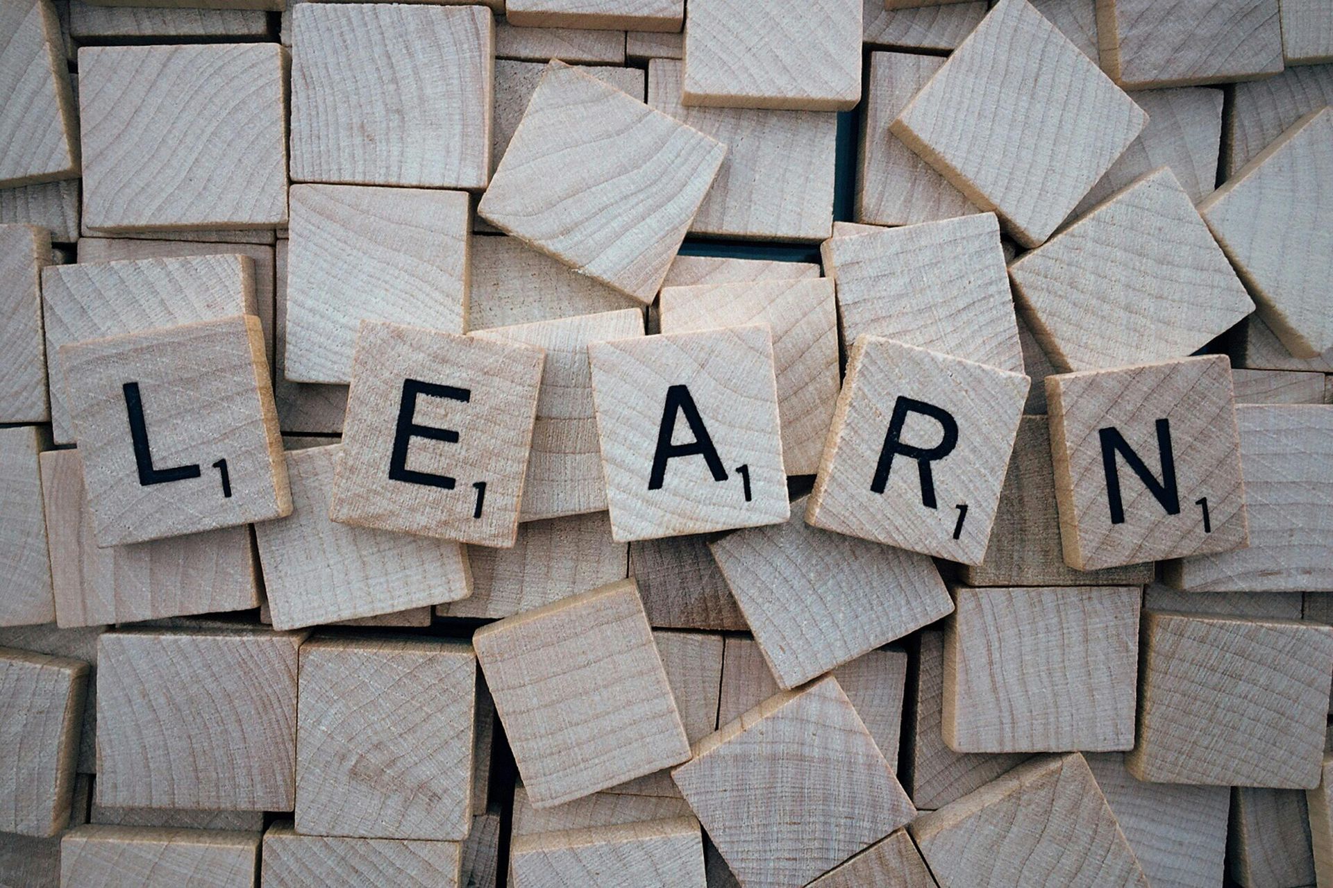 Wooden blocks with LEARN written on in the style of the game Scrabble.