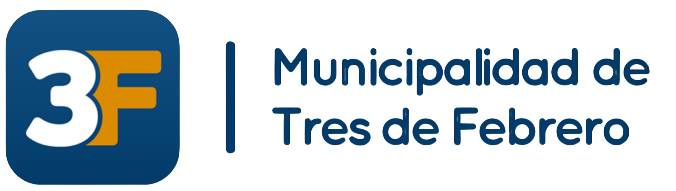 Logo azul y blanco de la Municipalidad de Tres de Febrero con el texto “3F”.