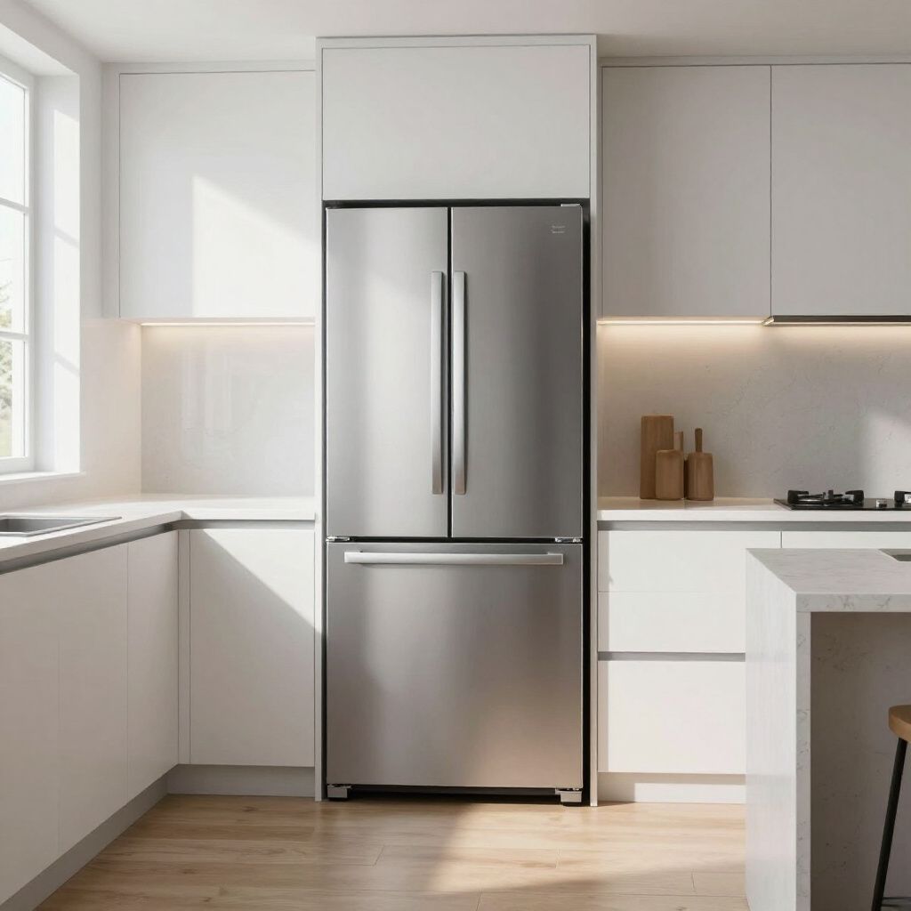 Stainless steel refrigerator built into white kitchen cabinets.