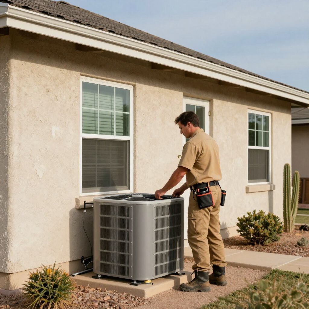 HVAC technician in tan uniform working on an outdoor air conditioning unit next to a light-colored house.