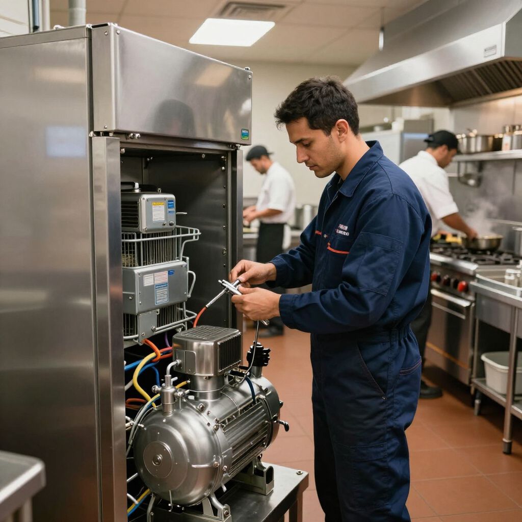 Man in blue overalls repairs refrigeration unit in commercial kitchen. Two cooks work in background.