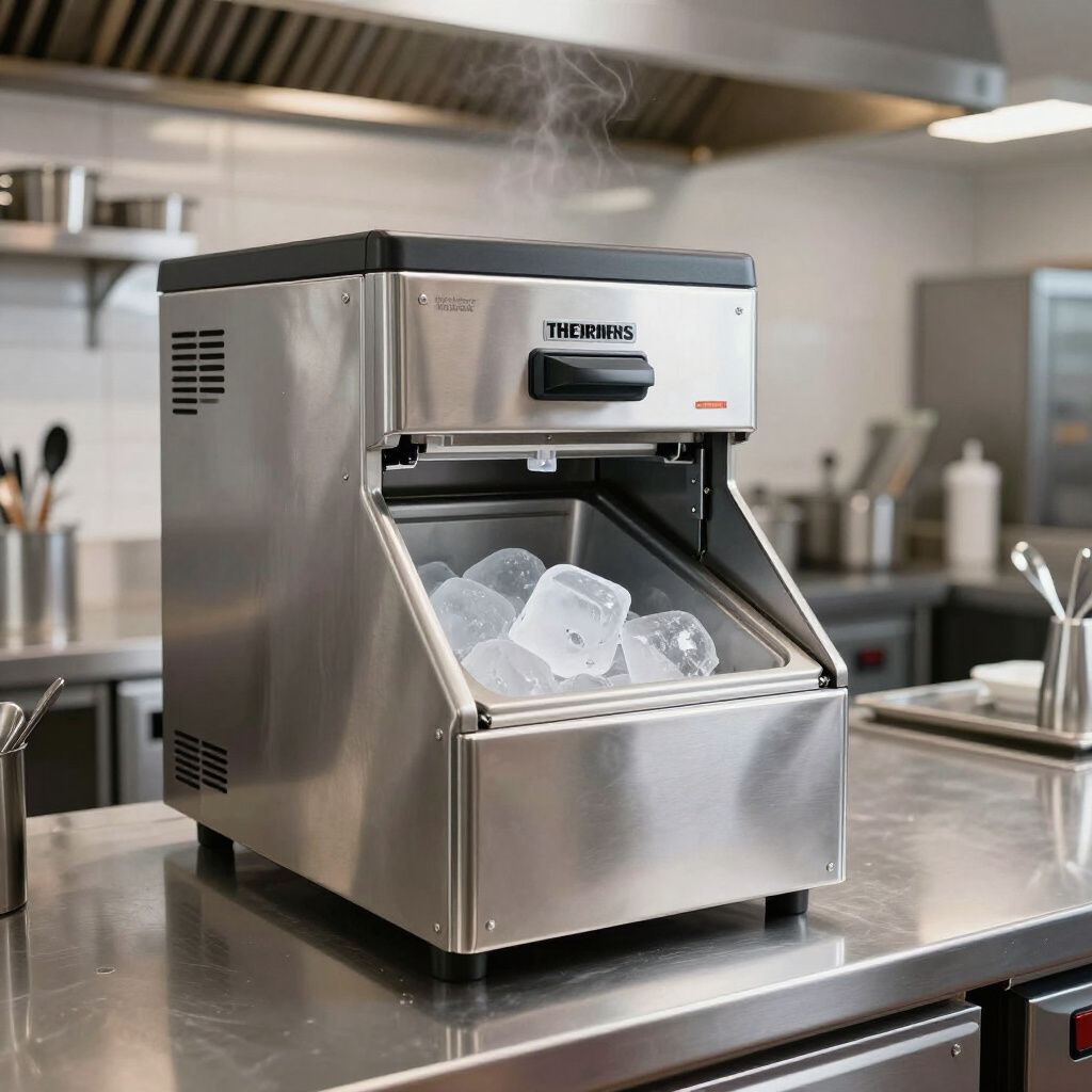 Stainless steel ice machine in a commercial kitchen, dispensing ice cubes.