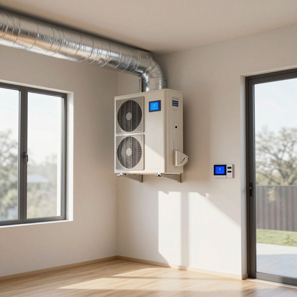 Air conditioning unit mounted on a white wall with a control panel and ductwork.