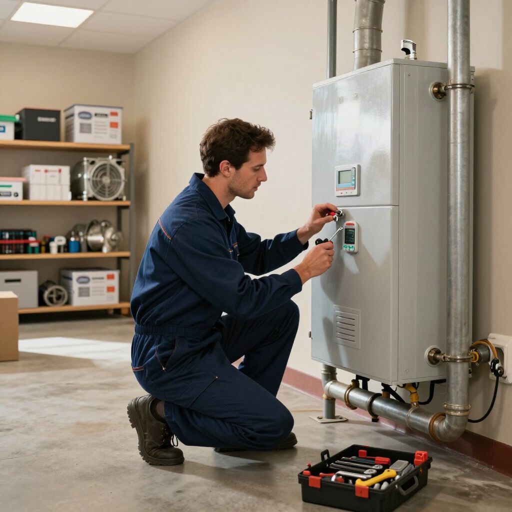 Person in blue jumpsuit repairs a water heater in a utility room, with toolbox in front.