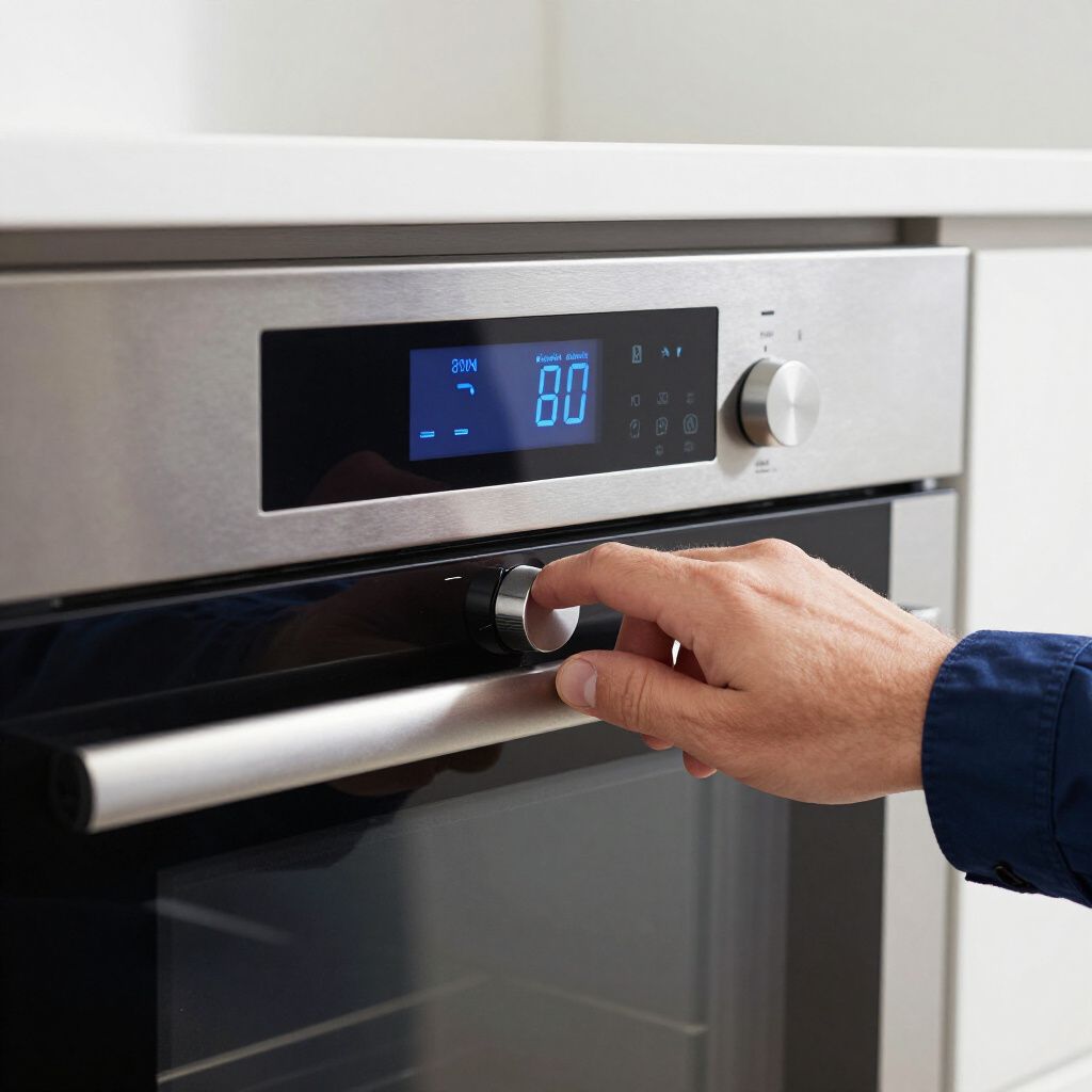 Hand turning oven knob, setting the temperature. Digital display shows 80. Silver oven in a kitchen.