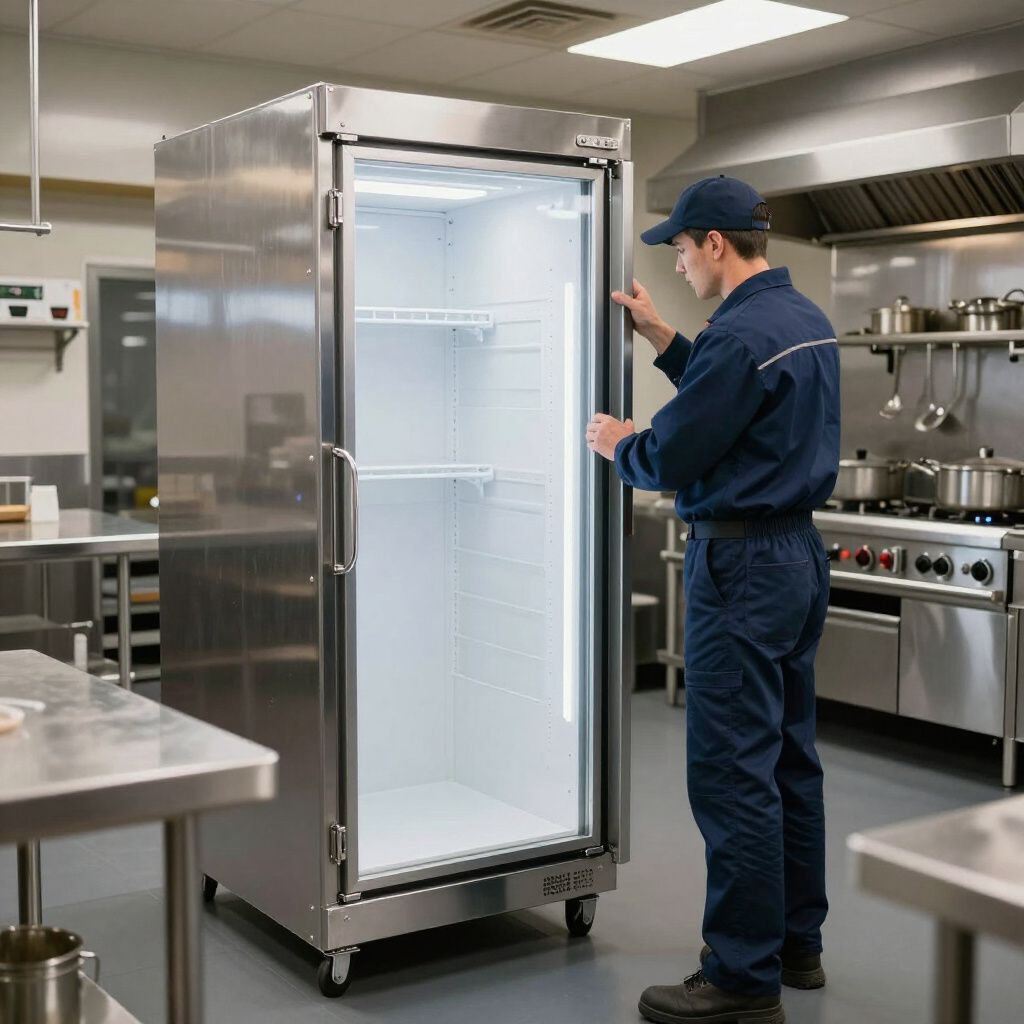 Person in a blue uniform inspecting a commercial refrigerator in a kitchen.