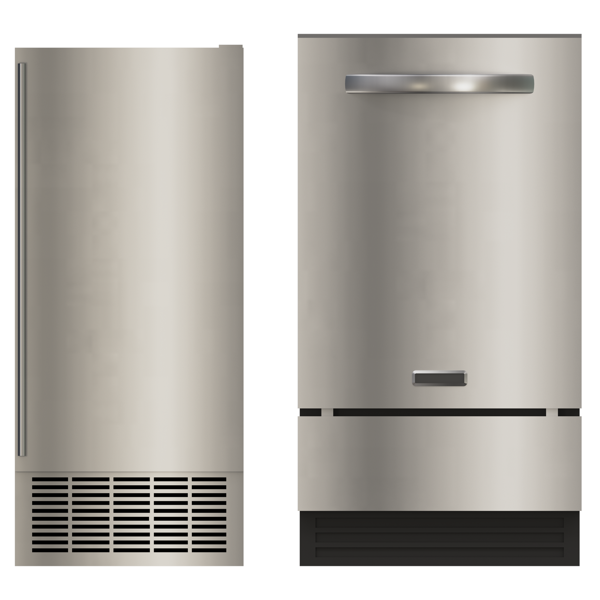 Stainless steel ice machine in a commercial kitchen, dispensing ice cubes.