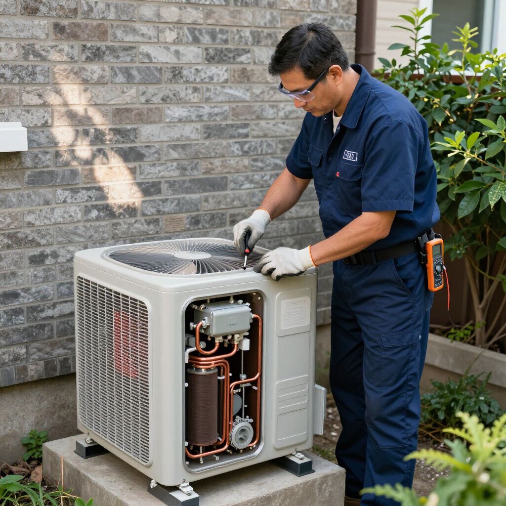HVAC technician in blue overalls repairs an outdoor air conditioning unit next to a brick wall.