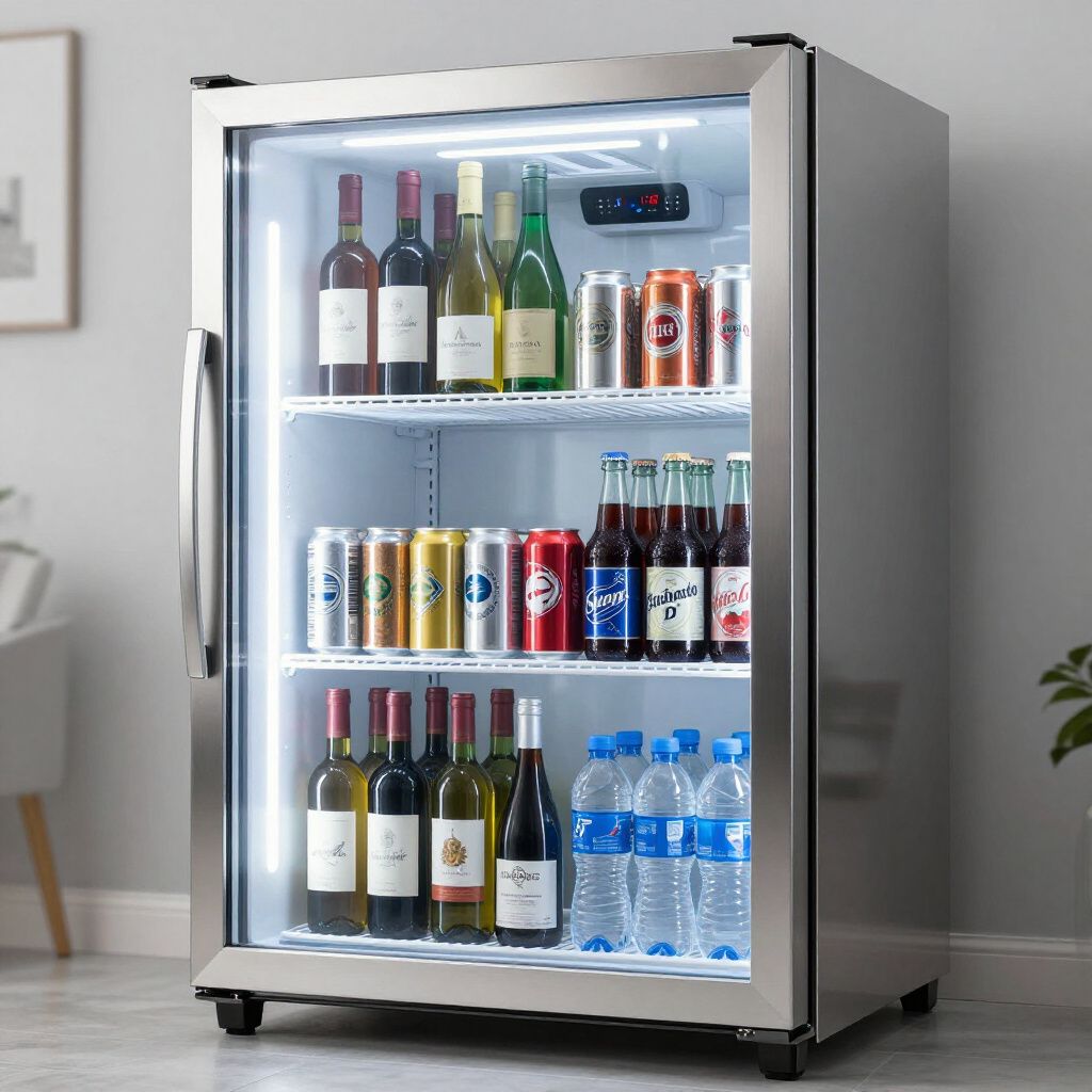 Stainless steel beverage cooler filled with wine, beer, and water bottles.