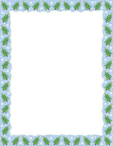 A Christmas frame with green trees and snowflakes on a blue background.