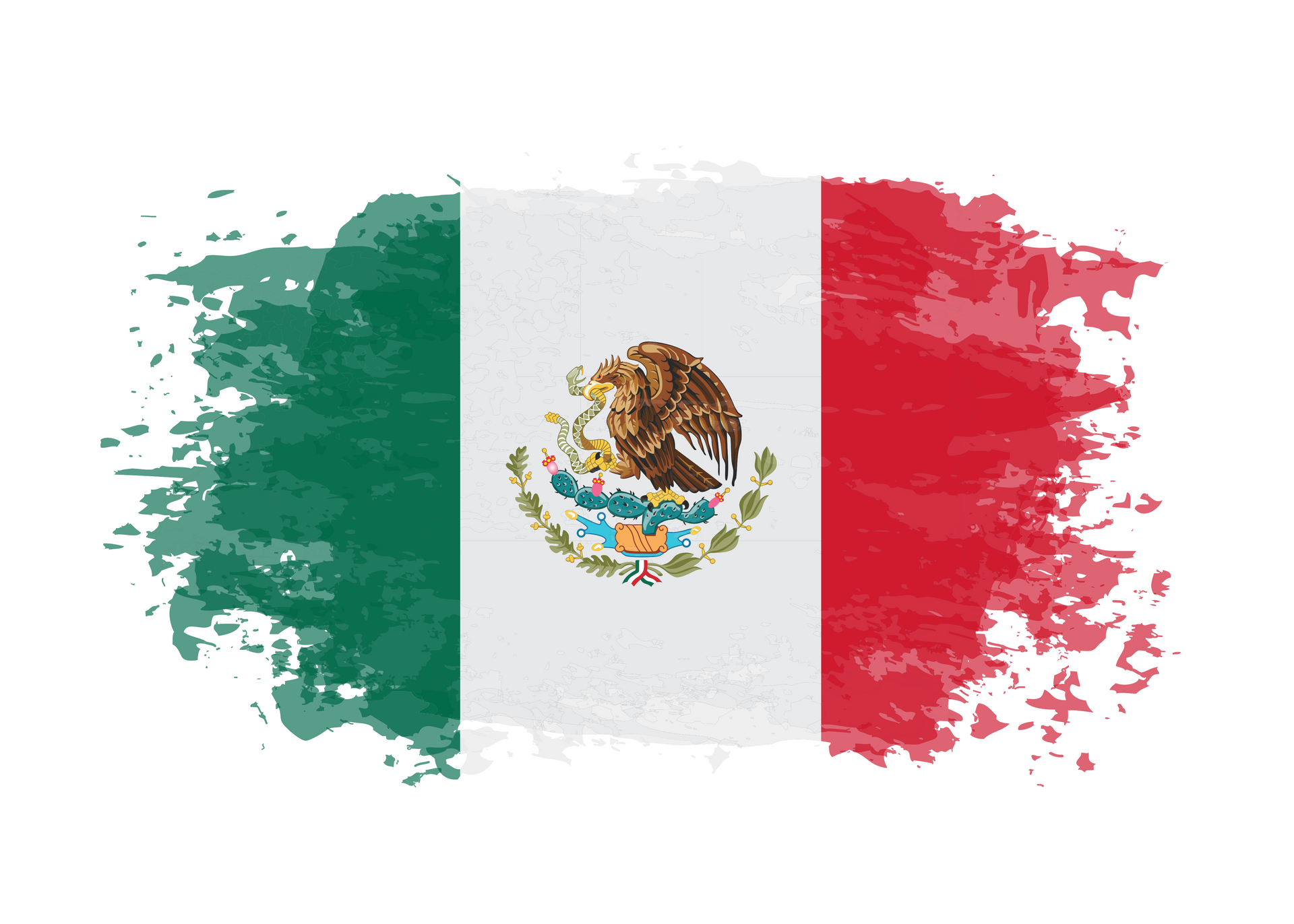 The mexican flag is painted in a grunge style on a white background.