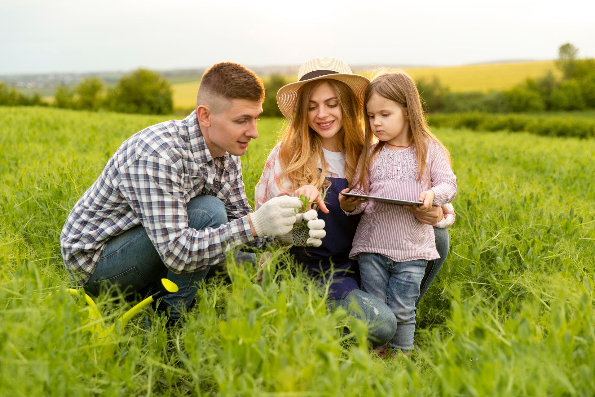 A man , woman and child are looking at a tablet in a field.