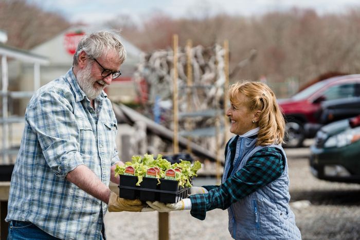 A man and a woman are standing next to each other holding potted plants.