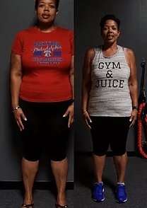 a before and after photo of a woman wearing a gym and juice tank top .