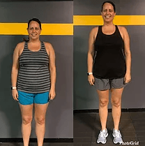 a before and after picture of a woman standing in front of a wall .
