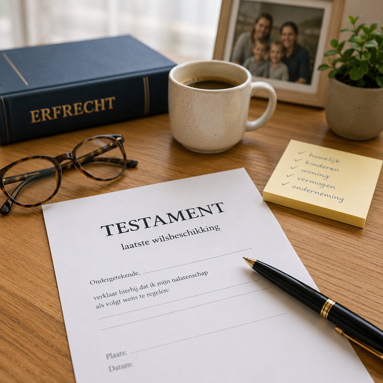 Will and estate planning documents on a desk with glasses, coffee, pen, and family photo
