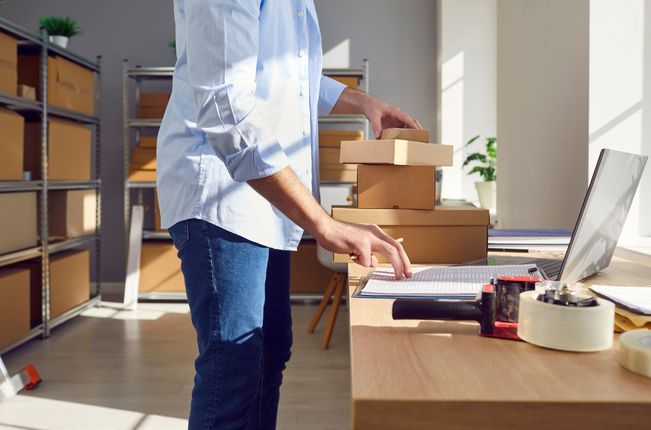 Person packing boxes at a desk in a bright office workspace