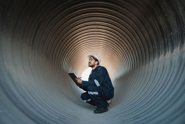 Person crouching inside a large corrugated metal tunnel, holding a tablet and looking upward.