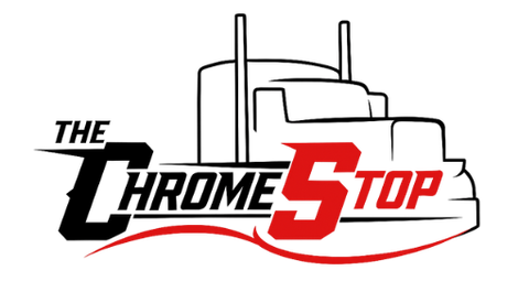 A logo for a company called the chrome stop with a truck on it.
