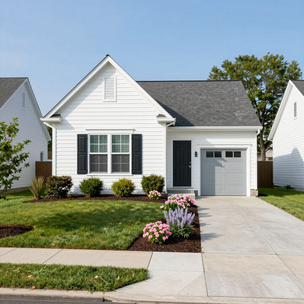 A single-story white house with dark shutters, a grey roof, a paved driveway, and landscaping in the front yard.