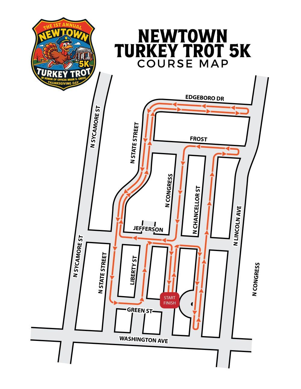 image of the Newtown Turkey Trot 5K course map