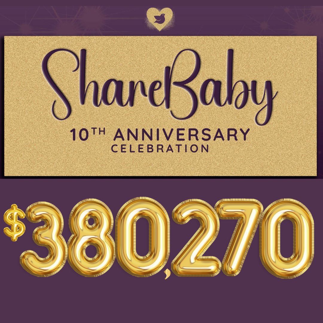 Graphic image that says ShareBaby 10th anniversary celebration and shows donation amount