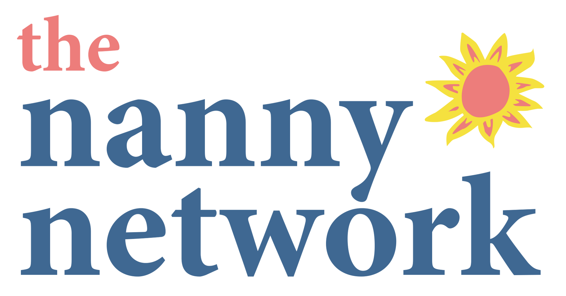 Logo for The Nanny Network with blue text and a yellow, orange, and red stylized sun icon.