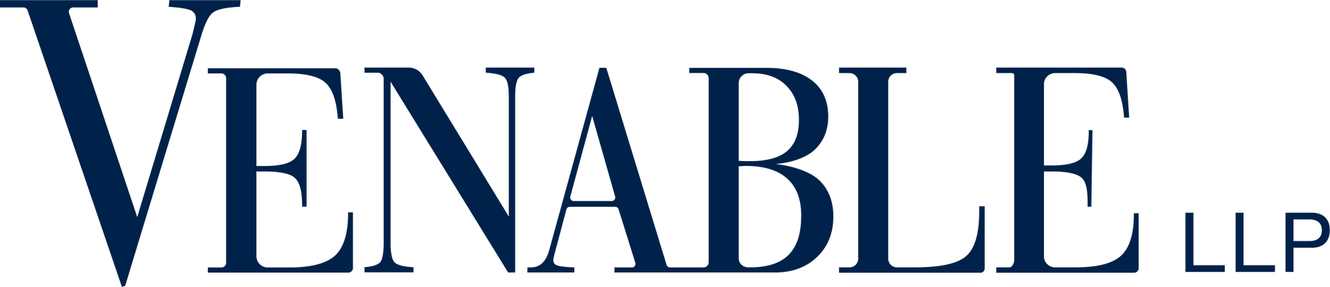 Dark blue company logo for Venable LLP, featuring the text 