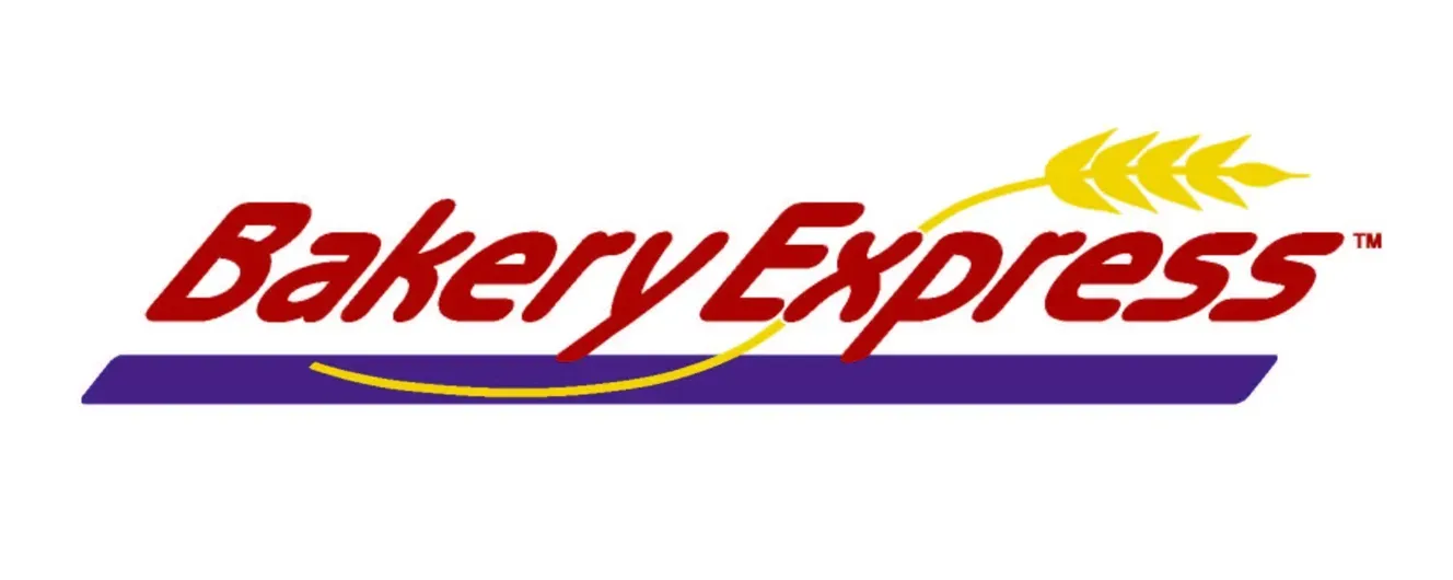Bakery Express logo with red text, a yellow wheat stalk icon, and a purple horizontal underline on a white background.