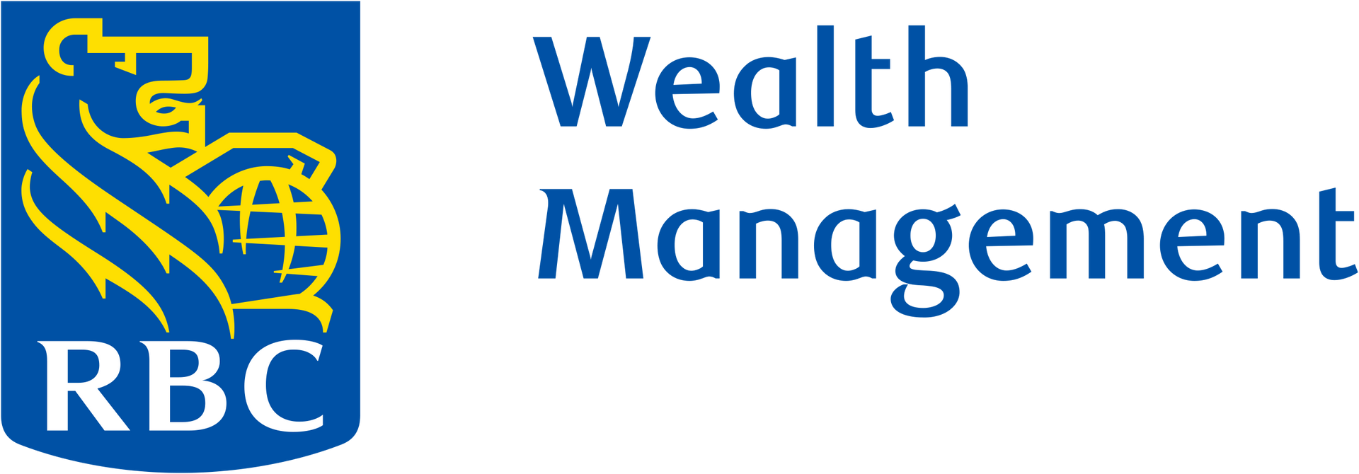 The RBC Wealth Management logo featuring a blue crest with a yellow lion and globe, next to the text 