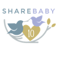 ShareBaby 10th anniversary logo with two birds and a gold heart with a 10 in it