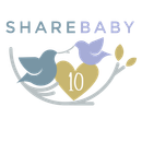 ShareBaby 10th anniversary logo with two birds and a gold heart with a 10 in it