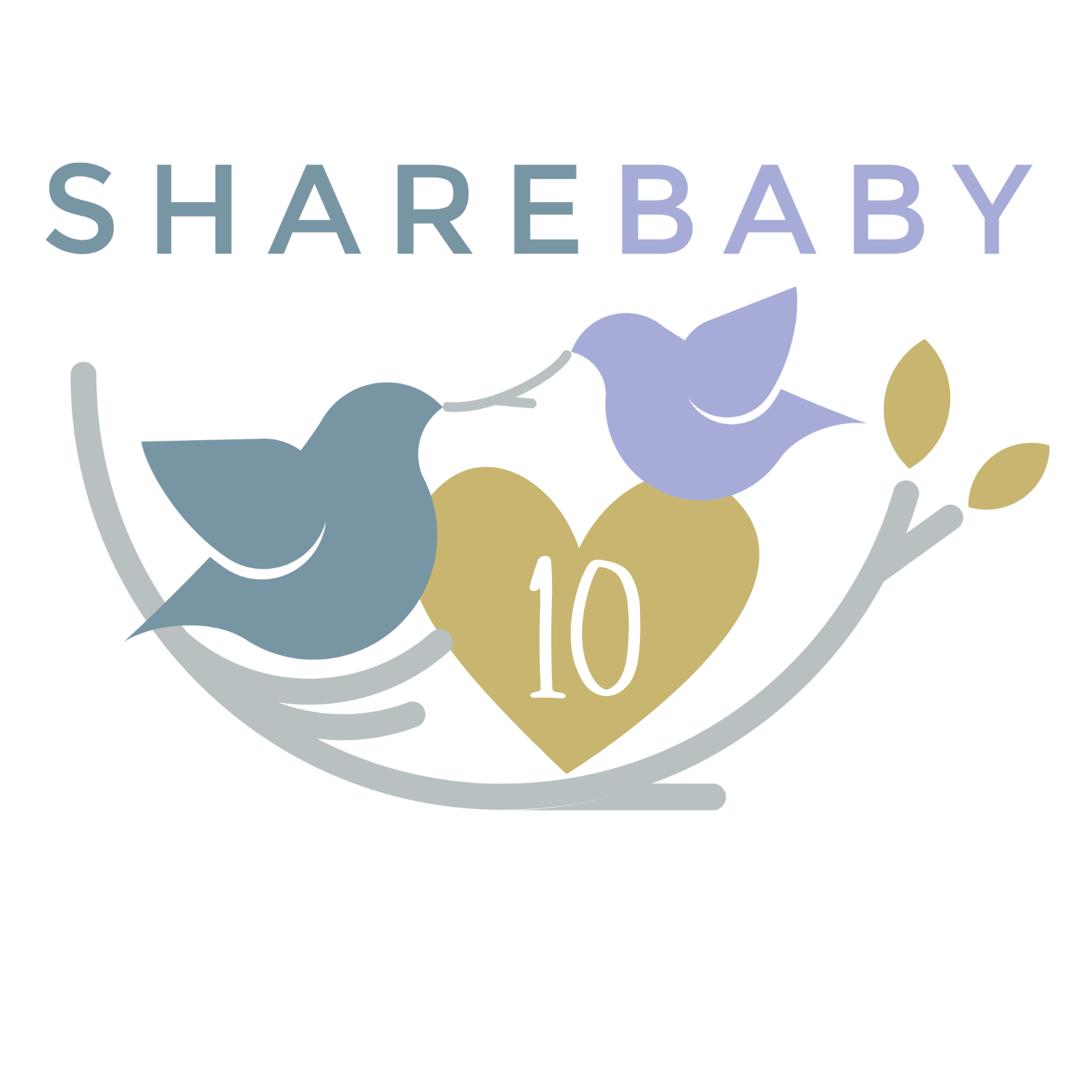 ShareBaby 10th anniversary logo with two birds and a gold heart with a 10 in it