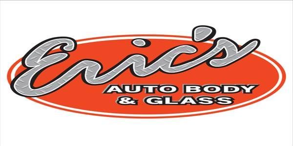 Eric's Auto Body & Glass logo with text in silver and black on an orange oval.