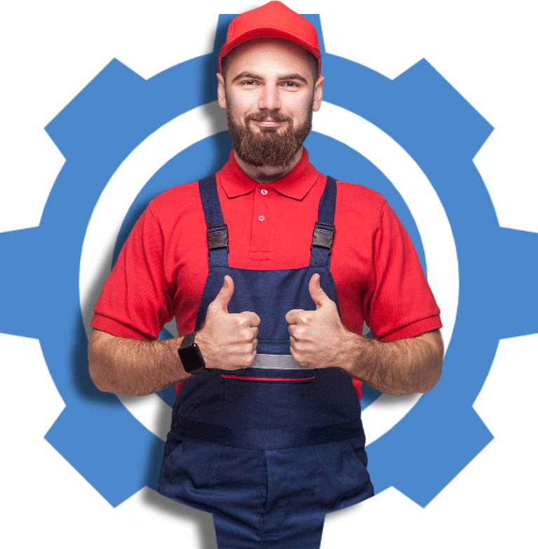 a man in overalls and a red shirt is giving a thumbs up