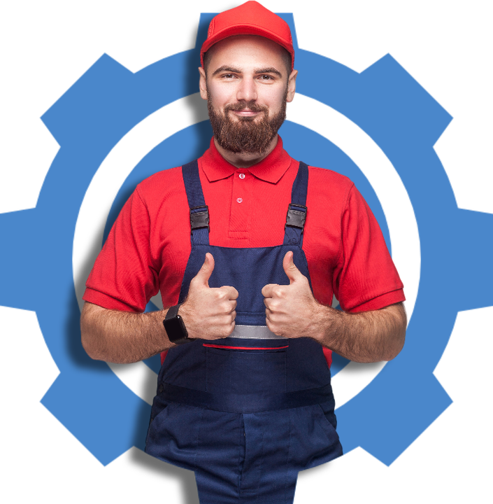 a man in overalls and a red shirt is giving a thumbs up