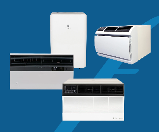 Assortment of white and black air conditioning units against a blue background.