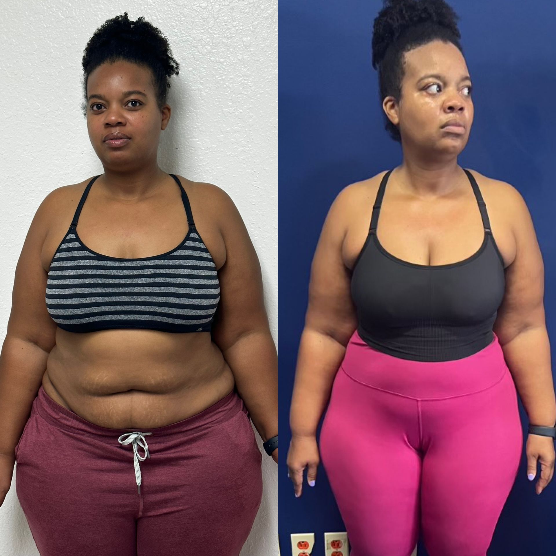 Side-by-side photos: A woman in workout clothes showing weight loss transformation.