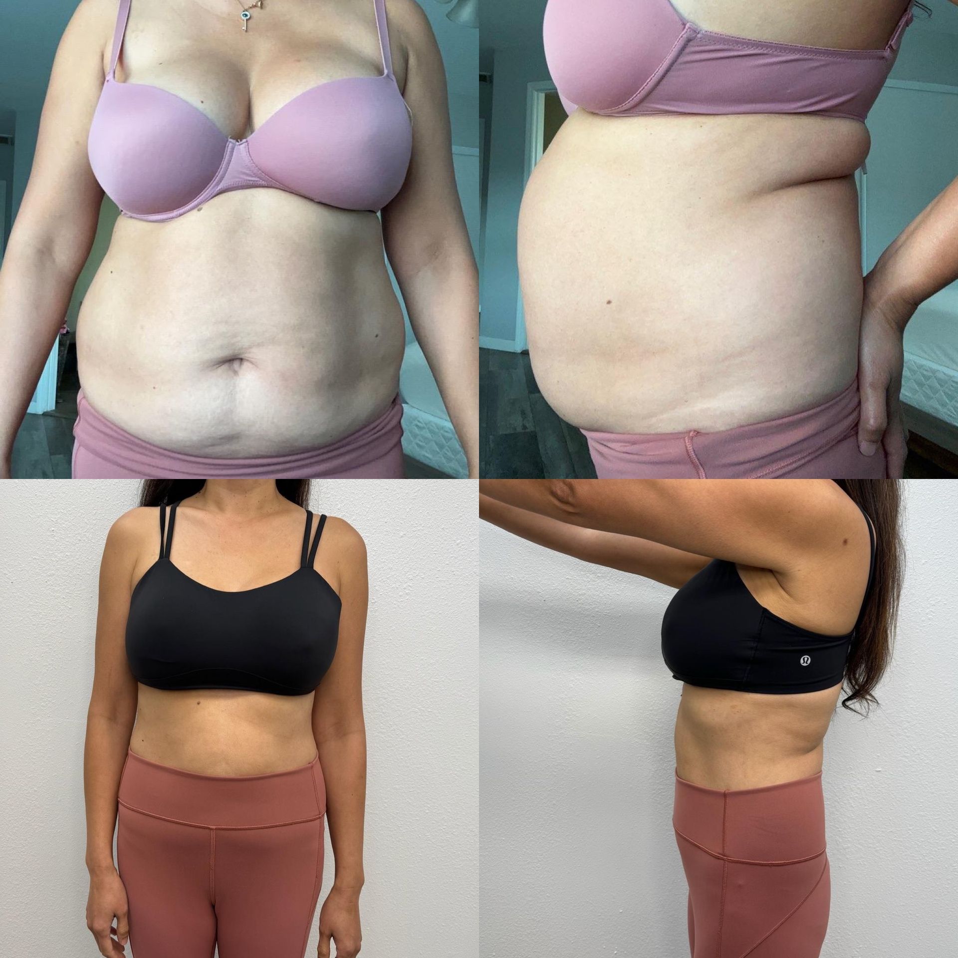 A woman in a pink bra is shown before and after losing weight
