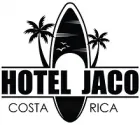 A black and white logo for hotel jaco costa rica with a surfboard and palm trees.