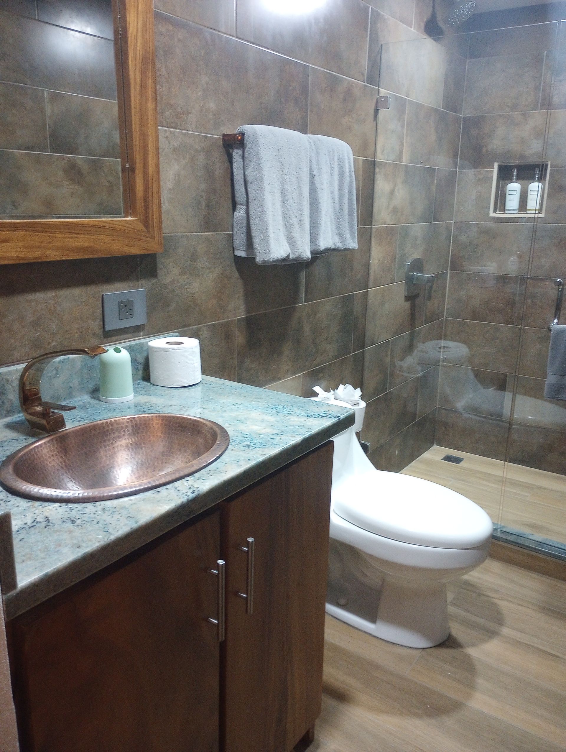 A bathroom with a sink , toilet and shower.