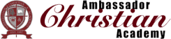 The logo for the ambassador christian academy is red and black