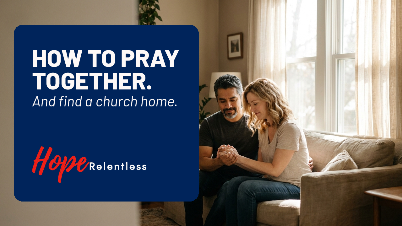 Married couple praying together at home, hands clasped — building spiritual connection through praye