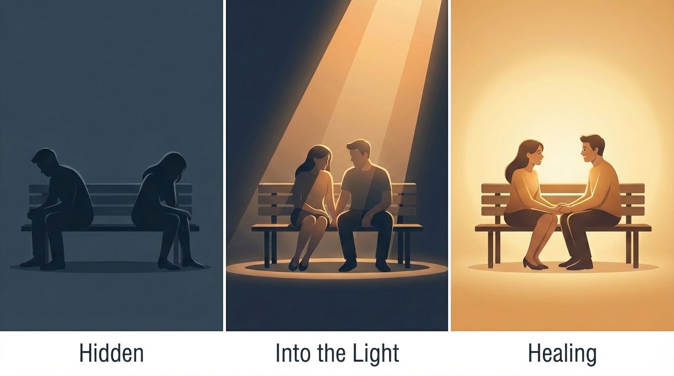 A couple moving from disconnected and hidden to healed and connected.