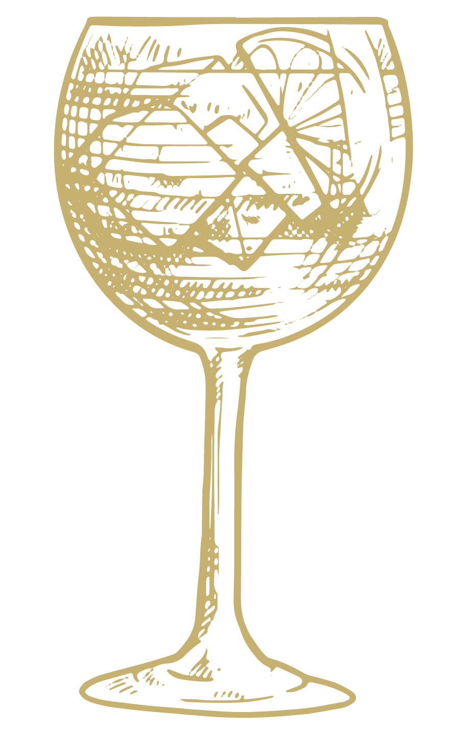 A drawing of a wine glass with a slice of lemon in it.