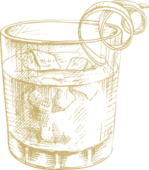 A drawing of a glass of whiskey with ice and a twist of orange peel.
