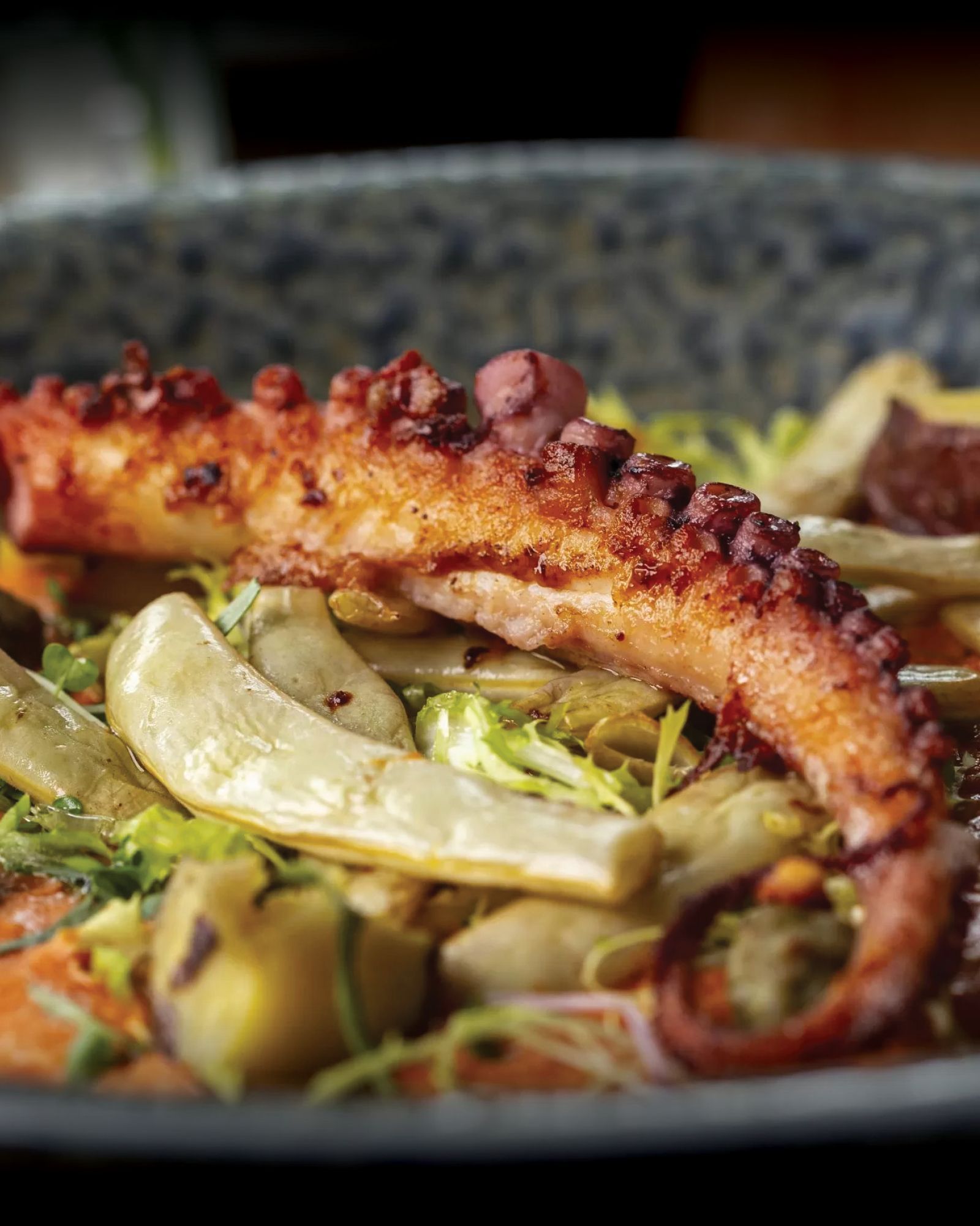 A close up of a plate of food with an octopus on it.